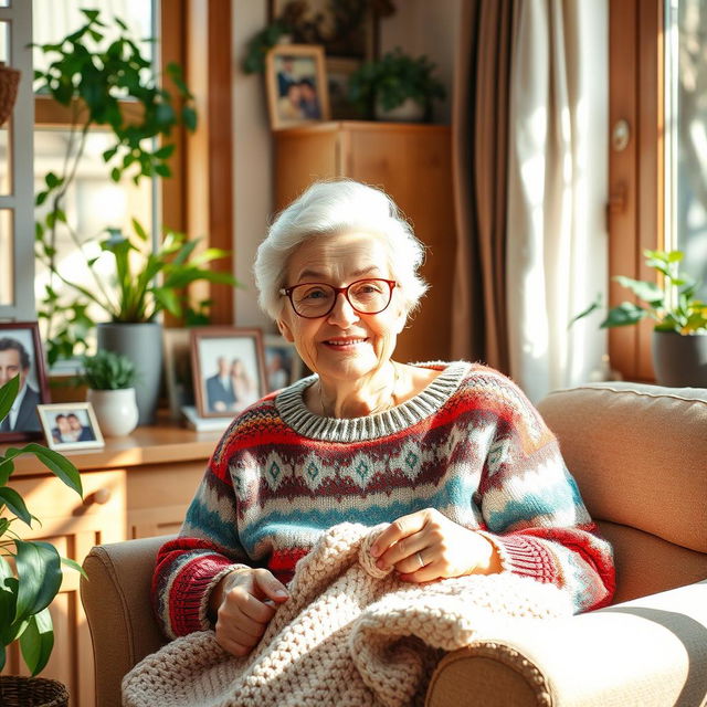 A warm and cheerful image depicting a loving elderly grandmother sitting in her cozy living room