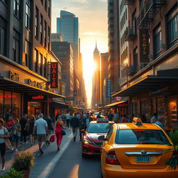 A stunningly realistic urban scene depicting a bustling city street during the golden hour