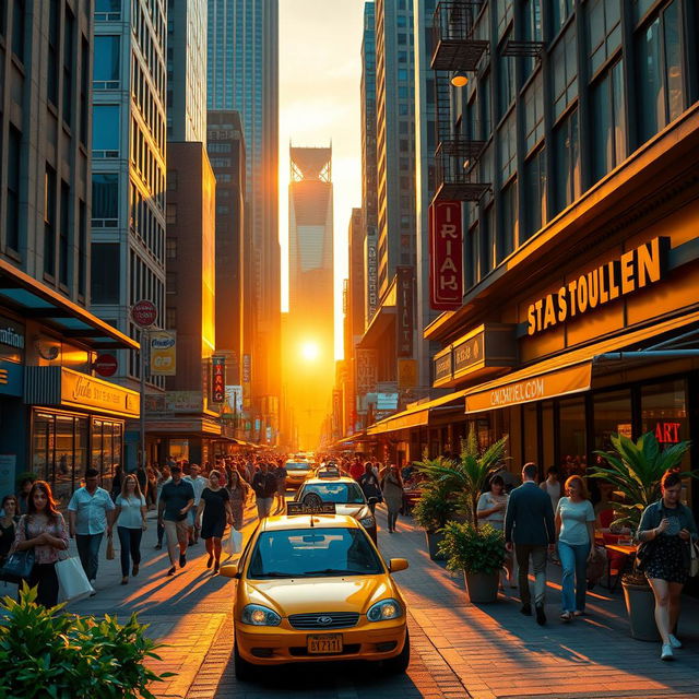 A stunningly realistic urban scene depicting a bustling city street during the golden hour