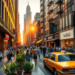 A stunningly realistic urban scene depicting a bustling city street during the golden hour