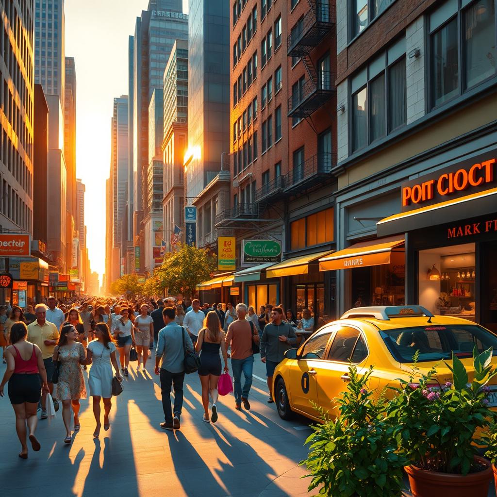 A stunningly realistic urban scene depicting a bustling city street during the golden hour