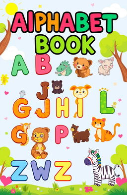 A colorful and engaging alphabet book cover for children featuring various cute animals corresponding to each letter