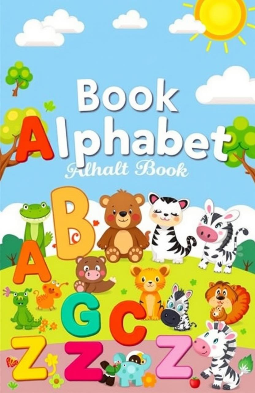 A colorful and engaging alphabet book cover for children featuring various cute animals corresponding to each letter