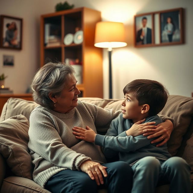 A dramatic and intense scene of a mother and son sharing a heartfelt conversation in a cozy living room, with emotional expressions highlighting their strong bond