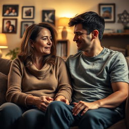 A dramatic and intense scene of a mother and son sharing a heartfelt conversation in a cozy living room, with emotional expressions highlighting their strong bond