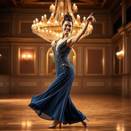 A graceful female dancer performing solo ballroom dance, showcasing elegant movements and athleticism