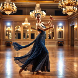 A graceful female dancer performing solo ballroom dance, showcasing elegant movements and athleticism
