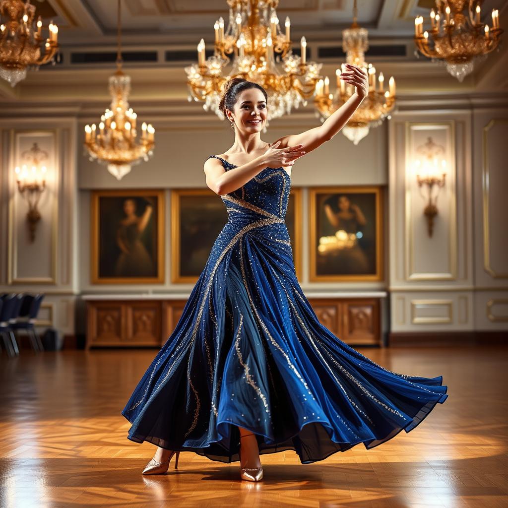 A graceful female dancer performing solo ballroom dance, showcasing elegant movements and athleticism