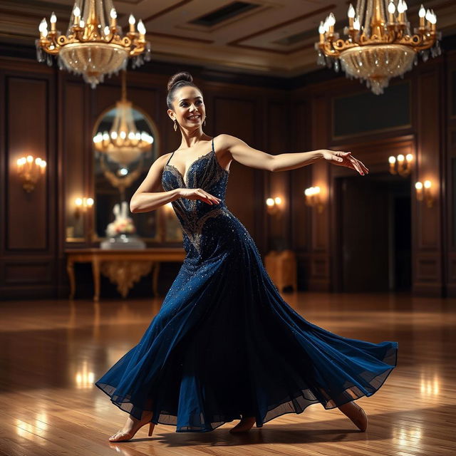 A graceful female dancer performing solo ballroom dance, showcasing elegant movements and athleticism