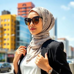 A stylish woman wearing a modern, slim-fit hijab with elegant patterns, showcasing a chic urban outfit