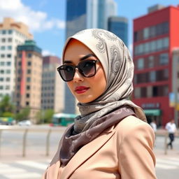 A stylish woman wearing a modern, slim-fit hijab with elegant patterns, showcasing a chic urban outfit