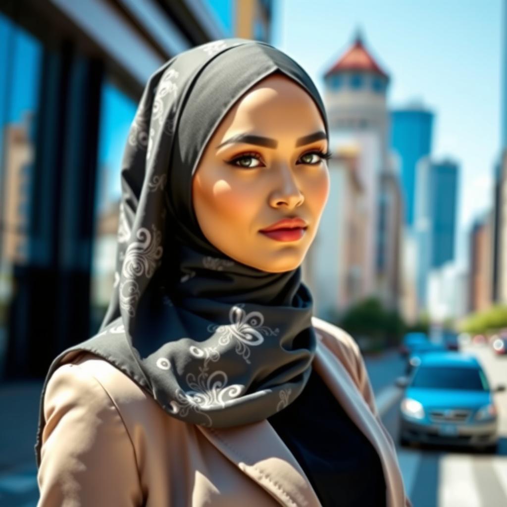 A stylish woman wearing a modern, slim-fit hijab with elegant patterns, showcasing a chic urban outfit