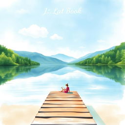 A serene lakeside scene for a book cover, featuring a calm, reflective lake surrounded by lush green trees and distant mountains