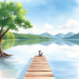 A serene lakeside scene for a book cover, featuring a calm, reflective lake surrounded by lush green trees and distant mountains
