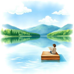 A serene lakeside scene for a book cover, featuring a calm, reflective lake surrounded by lush green trees and distant mountains