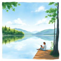 A serene lakeside scene for a book cover, featuring a calm, reflective lake surrounded by lush green trees and distant mountains