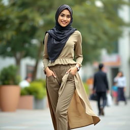 A graceful woman wearing a stylish hijab and slim-fit clothing, featuring a vibrant color palette