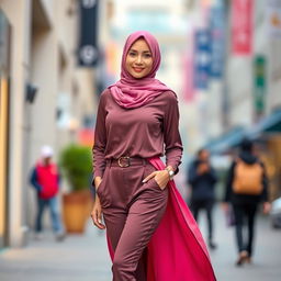 A graceful woman wearing a stylish hijab and slim-fit clothing, featuring a vibrant color palette