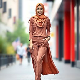 A graceful woman wearing a stylish hijab and slim-fit clothing, featuring a vibrant color palette