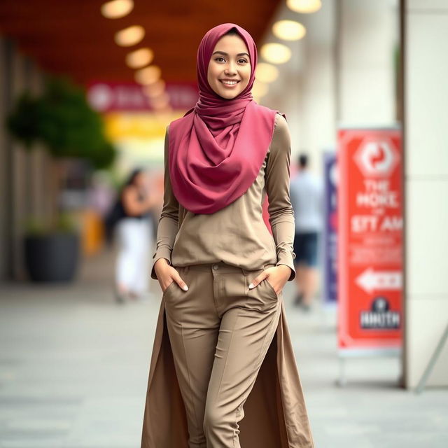 A graceful woman wearing a stylish hijab and slim-fit clothing, featuring a vibrant color palette