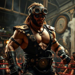 A steampunk wrestler featuring a muscular male character with intricate brass and leather gear