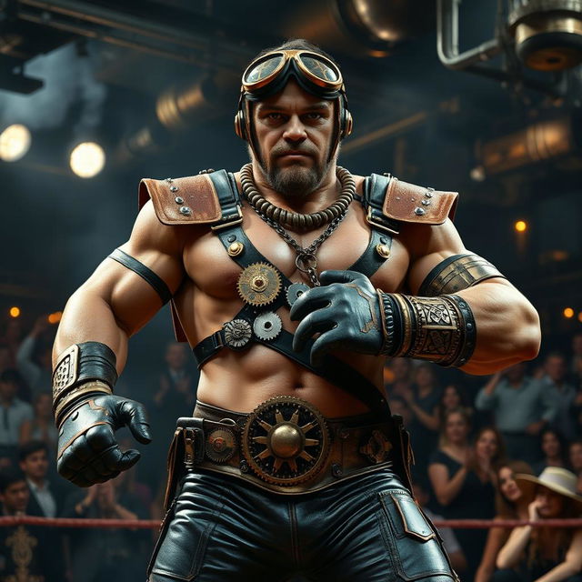 A steampunk wrestler featuring a muscular male character with intricate brass and leather gear