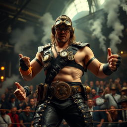 A steampunk wrestler featuring a muscular male character with intricate brass and leather gear