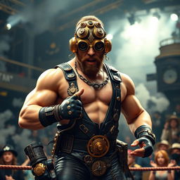 A steampunk wrestler featuring a muscular male character with intricate brass and leather gear