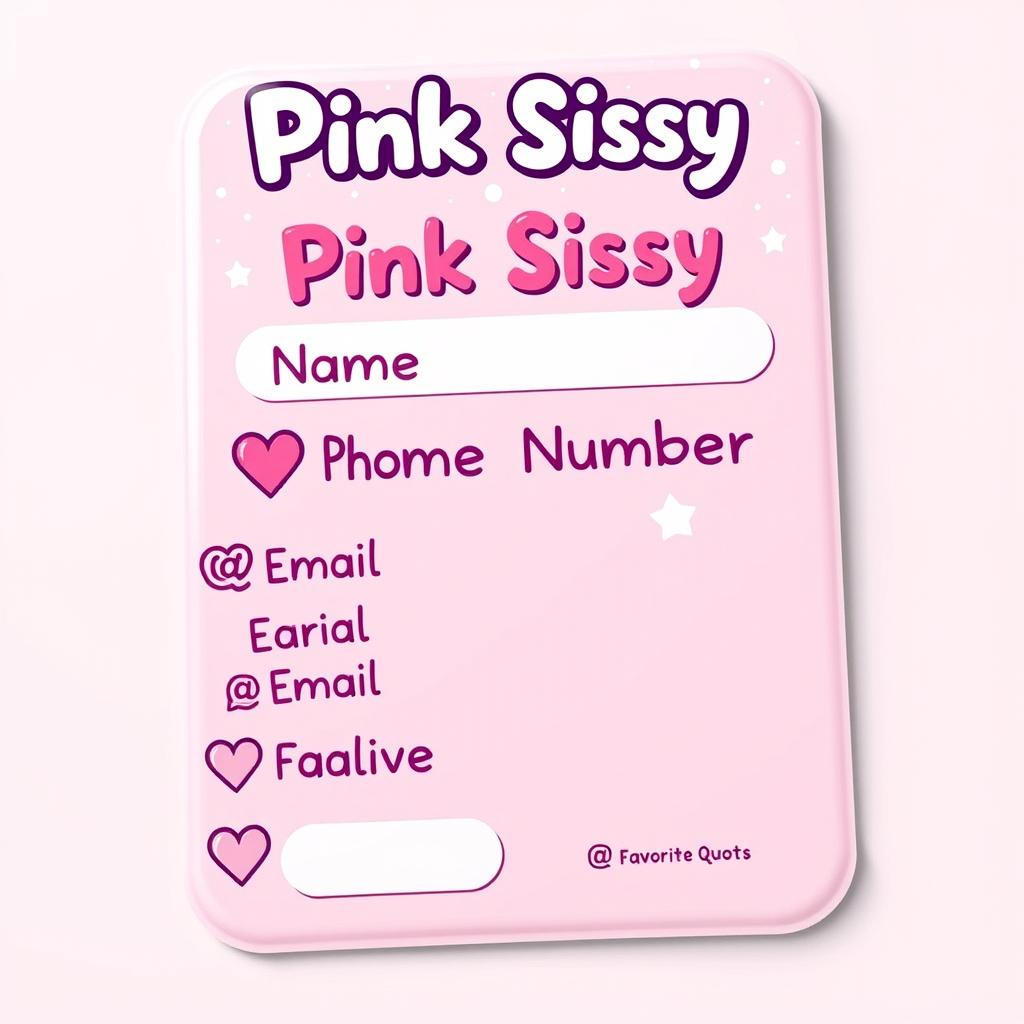 A stylized contact information sheet designed for a character named 'Pink Sissy', featuring a playful and colorful aesthetic