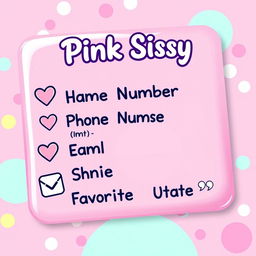A stylized contact information sheet designed for a character named 'Pink Sissy', featuring a playful and colorful aesthetic