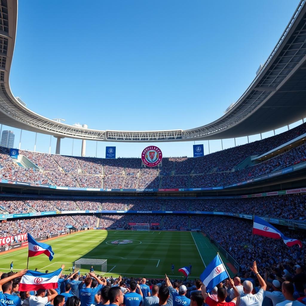 A vibrant and lively football stadium specifically designed for Esteghlal Tehran Football Club, featuring the club's iconic blue colors and logo prominently displayed
