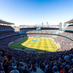 A vibrant and lively football stadium specifically designed for Esteghlal Tehran Football Club, featuring the club's iconic blue colors and logo prominently displayed