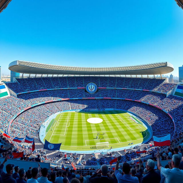 A vibrant and lively football stadium specifically designed for Esteghlal Tehran Football Club, featuring the club's iconic blue colors and logo prominently displayed