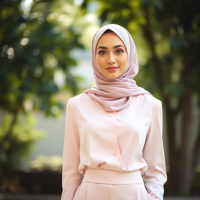 A graceful woman wearing a stylish hijab in soft pastel colors, paired with sleek, slim-fit clothing that accentuates her elegant silhouette