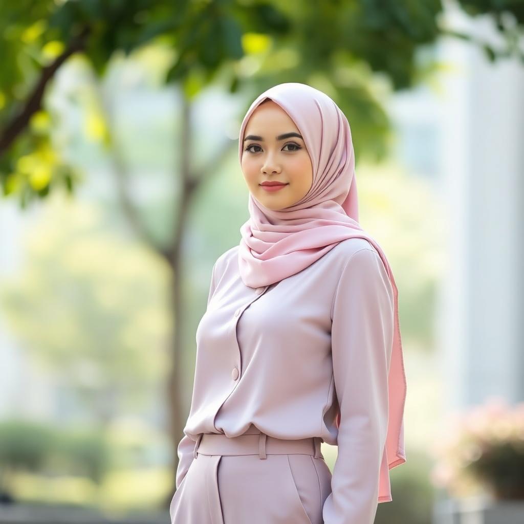 A graceful woman wearing a stylish hijab in soft pastel colors, paired with sleek, slim-fit clothing that accentuates her elegant silhouette