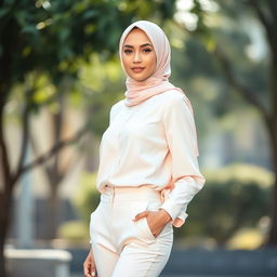 A graceful woman wearing a stylish hijab in soft pastel colors, paired with sleek, slim-fit clothing that accentuates her elegant silhouette