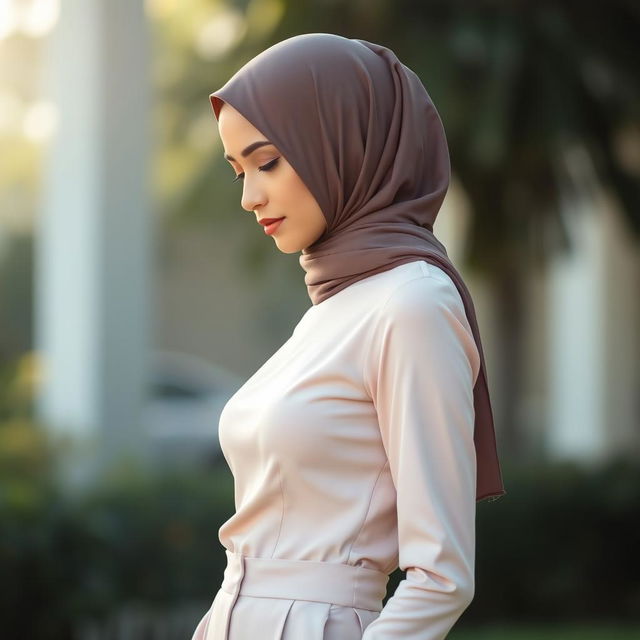 A graceful woman wearing a stylish hijab in soft pastels, looking down thoughtfully