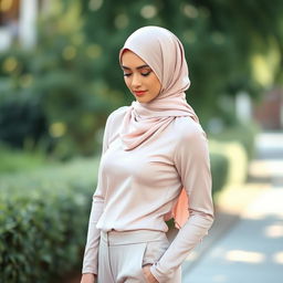 A graceful woman wearing a stylish hijab in soft pastels, looking down thoughtfully