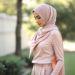 A graceful woman wearing a stylish hijab in soft pastels, looking down thoughtfully