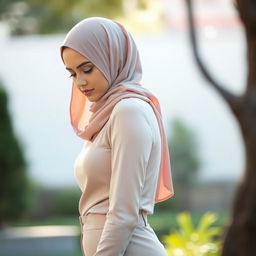 A graceful woman wearing a stylish hijab in soft pastels, looking down thoughtfully