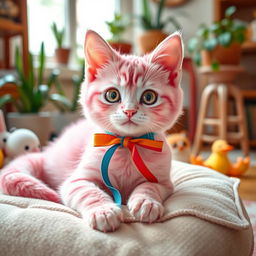 A whimsical scene featuring a cute pink cat adorned with a colorful ribbon around its neck