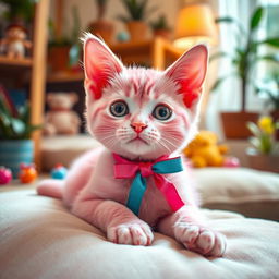 A whimsical scene featuring a cute pink cat adorned with a colorful ribbon around its neck