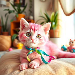 A whimsical scene featuring a cute pink cat adorned with a colorful ribbon around its neck