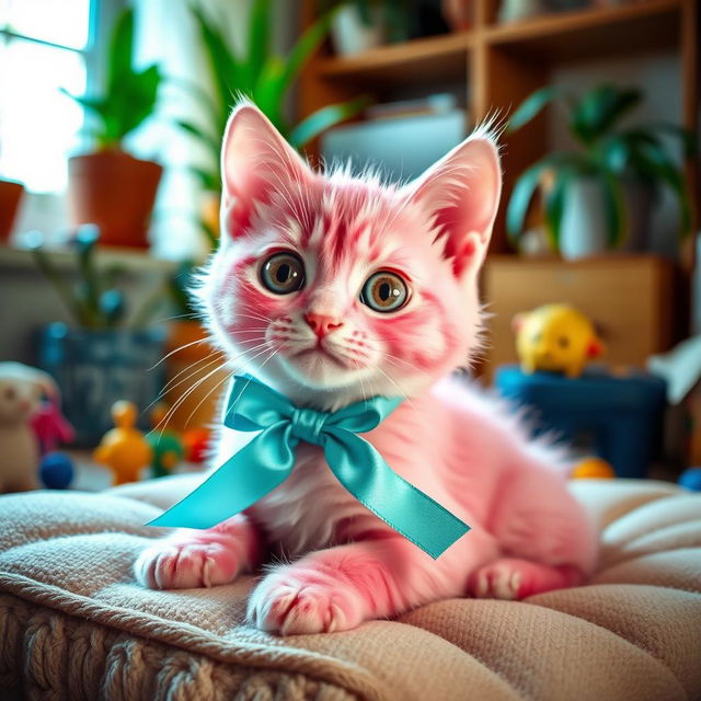 A whimsical scene featuring a cute pink cat adorned with a colorful ribbon around its neck