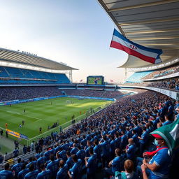 A custom stadium dedicated to Esteghlal Tehran, showcasing a vibrant atmosphere filled with passionate football fans wearing blue jerseys and scarves, surrounded by lush green fields and modern architectural design