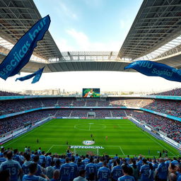 A custom stadium dedicated to Esteghlal Tehran, showcasing a vibrant atmosphere filled with passionate football fans wearing blue jerseys and scarves, surrounded by lush green fields and modern architectural design