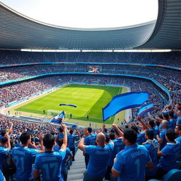 A custom stadium dedicated to Esteghlal Tehran, showcasing a vibrant atmosphere filled with passionate football fans wearing blue jerseys and scarves, surrounded by lush green fields and modern architectural design