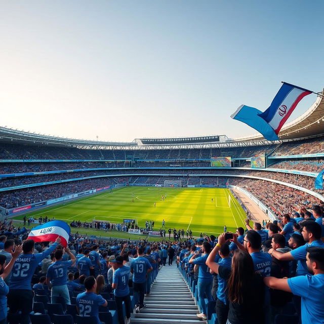 A custom stadium dedicated to Esteghlal Tehran, showcasing a vibrant atmosphere filled with passionate football fans wearing blue jerseys and scarves, surrounded by lush green fields and modern architectural design