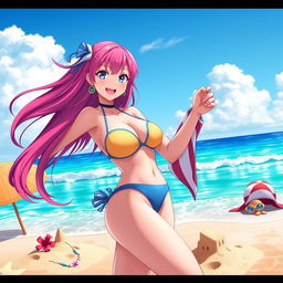 An anime girl with an alluring appearance, featuring big boobs, wearing a stylish bikini that complements her curves