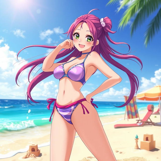 An anime girl with an alluring appearance, featuring big boobs, wearing a stylish bikini that complements her curves